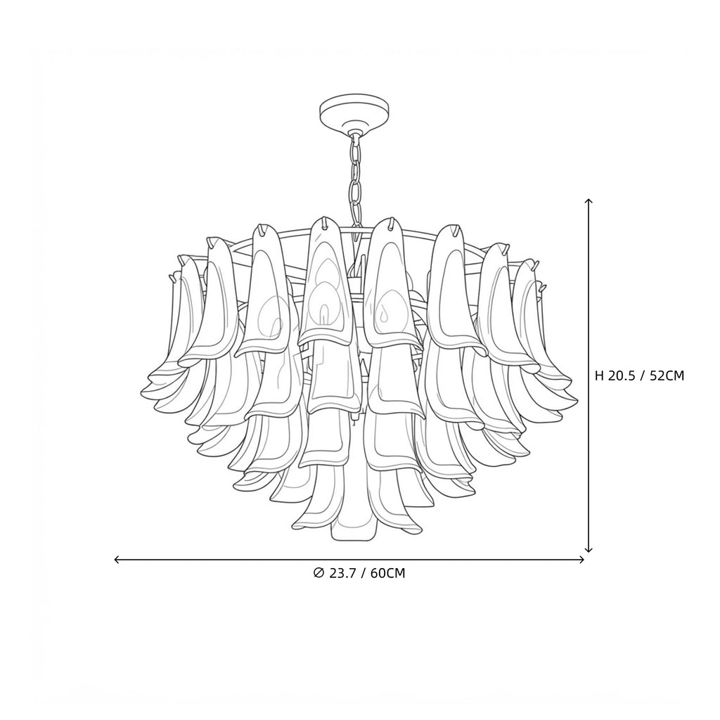 Modern Large Green Gradient Feather Art Glass Chandelier Line Art Dimension Diagram