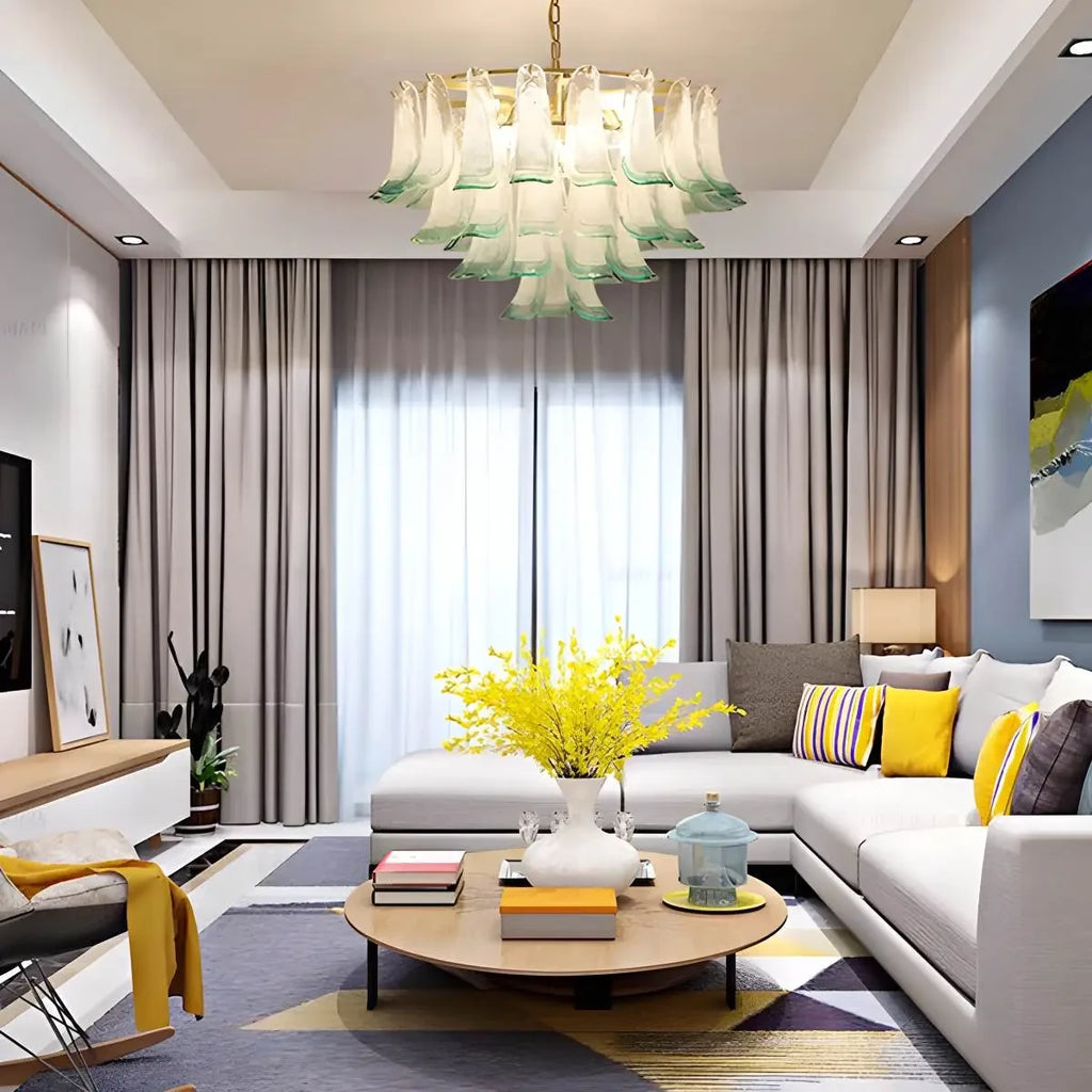 Modern Green Gradient Feather Art Glass Chandelier in Bright Living Room