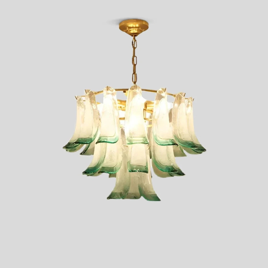 Illuminated Modern Medium Green Gradient Feather Art Glass Chandelier Studio Shot