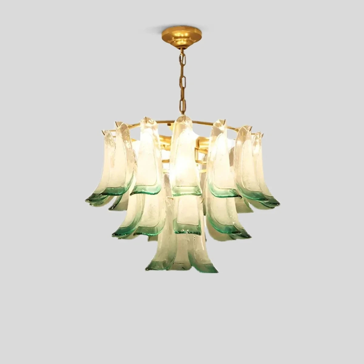 Illuminated Modern Medium Green Gradient Feather Art Glass Chandelier Studio Shot