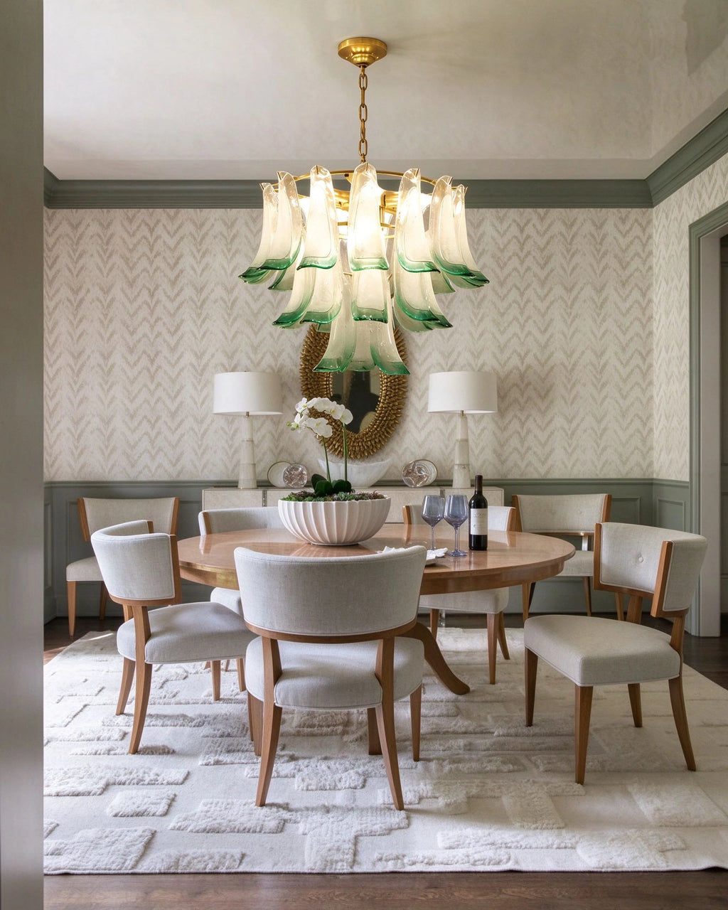 Modern Green Feather Art Glass Chandelier Over Dining Table