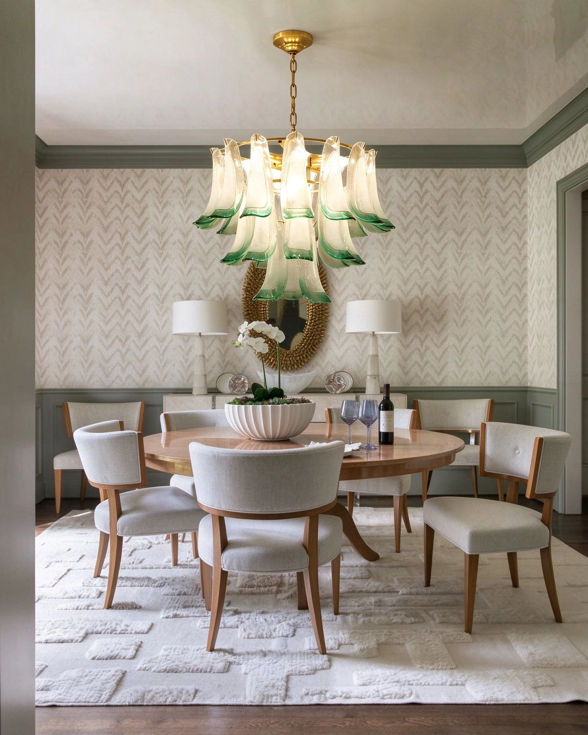 Modern Green Feather Art Glass Chandelier Over Dining Table