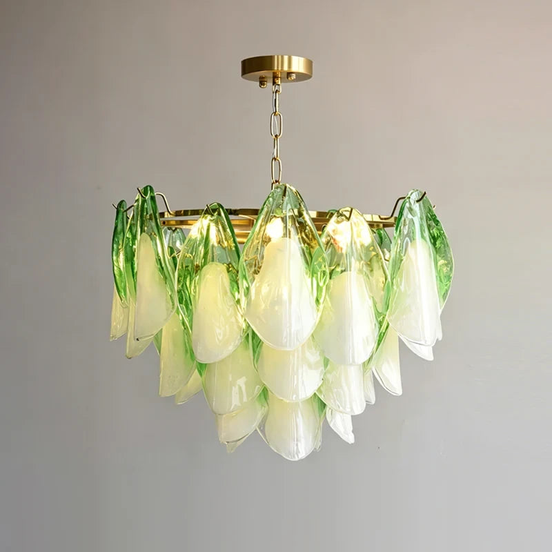Illuminated Modern Green Petal Art Glass Chandelier Studio Shot
