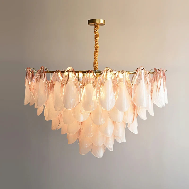 Illuminated Modern Pink Gradient Petal Art Glass Chandelier Studio Shot