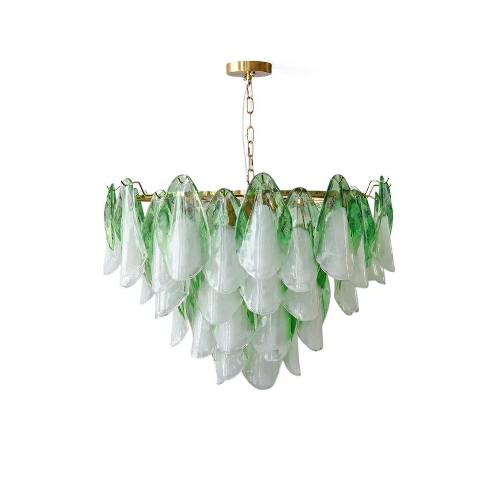 Modern Green Gradient Petal Art Glass Chandelier with Brass Canopy on Pure White Background