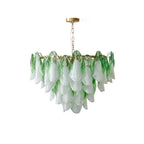 Modern Green Gradient Petal Art Glass Chandelier with Brass Canopy on Pure White Background