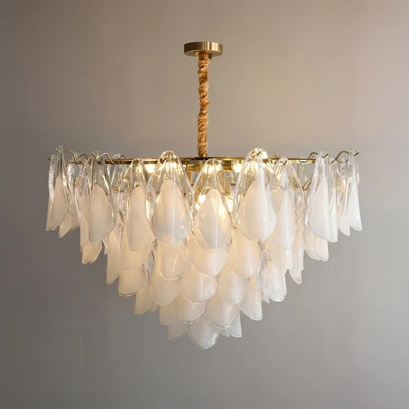Illuminated Modern White Petal Art Glass Chandelier Studio Display
