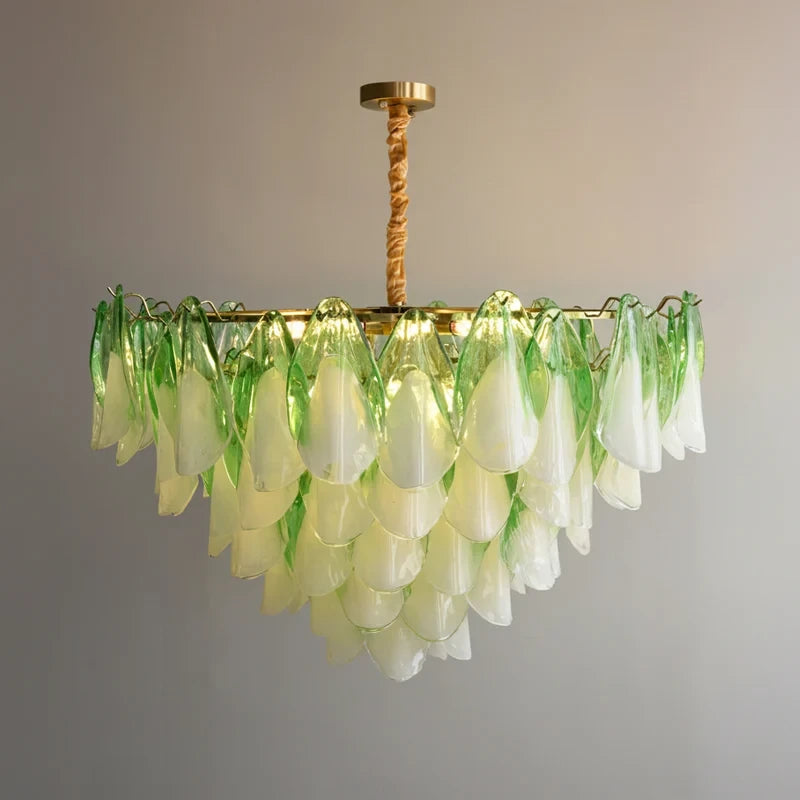 Illuminated Modern Green Gradient Petal Art Glass Chandelier Studio Shot