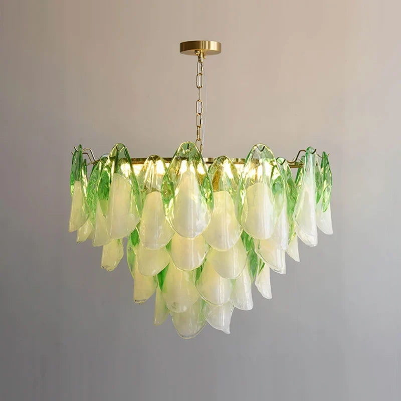 Front View of Modern Green Gradient Petal Art Glass Chandelier Studio Display