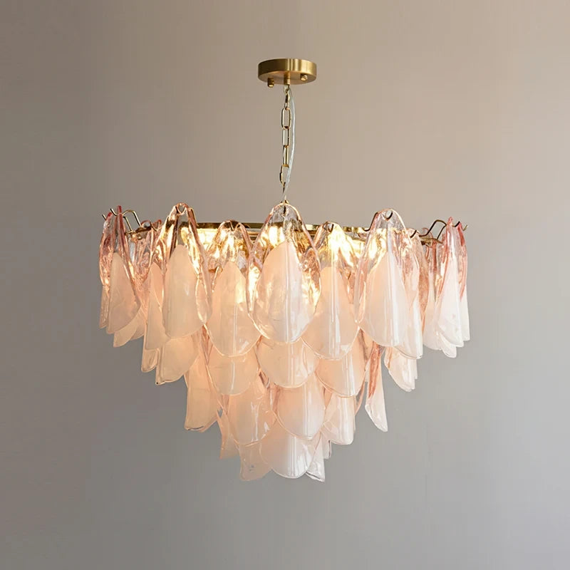 Front View of Modern Pink Gradient Petal Art Glass Chandelier Studio Shot