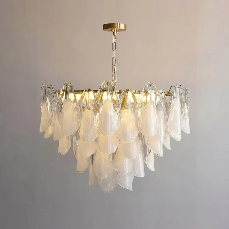 Front View of Modern White Petal Art Glass Chandelier Studio Display