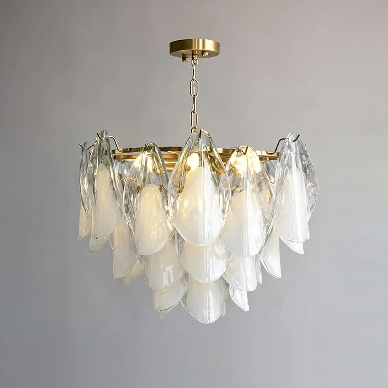 Illuminated Modern Multi-Tier Petal Art Glass Chandelier Studio Shot