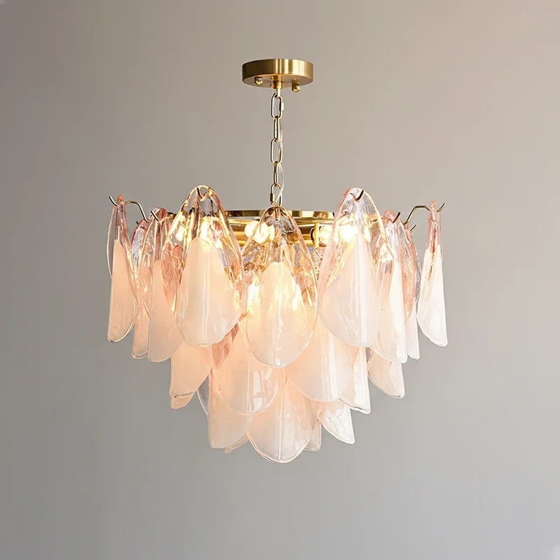 Illuminated Modern Pink Petal Art Glass Chandelier Studio Display