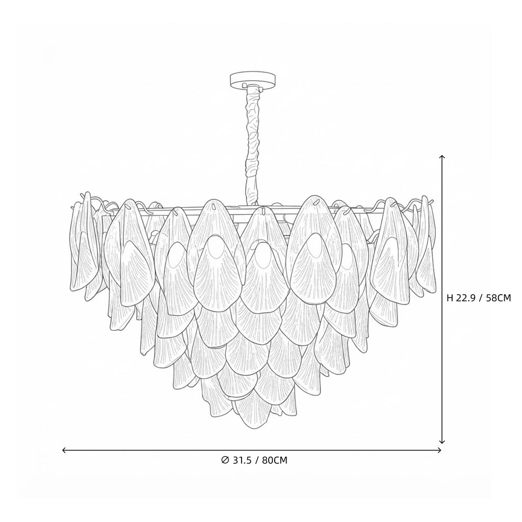 Modern Multi-Tier Gradient Petal Chandelier Line Art Dimension Diagram