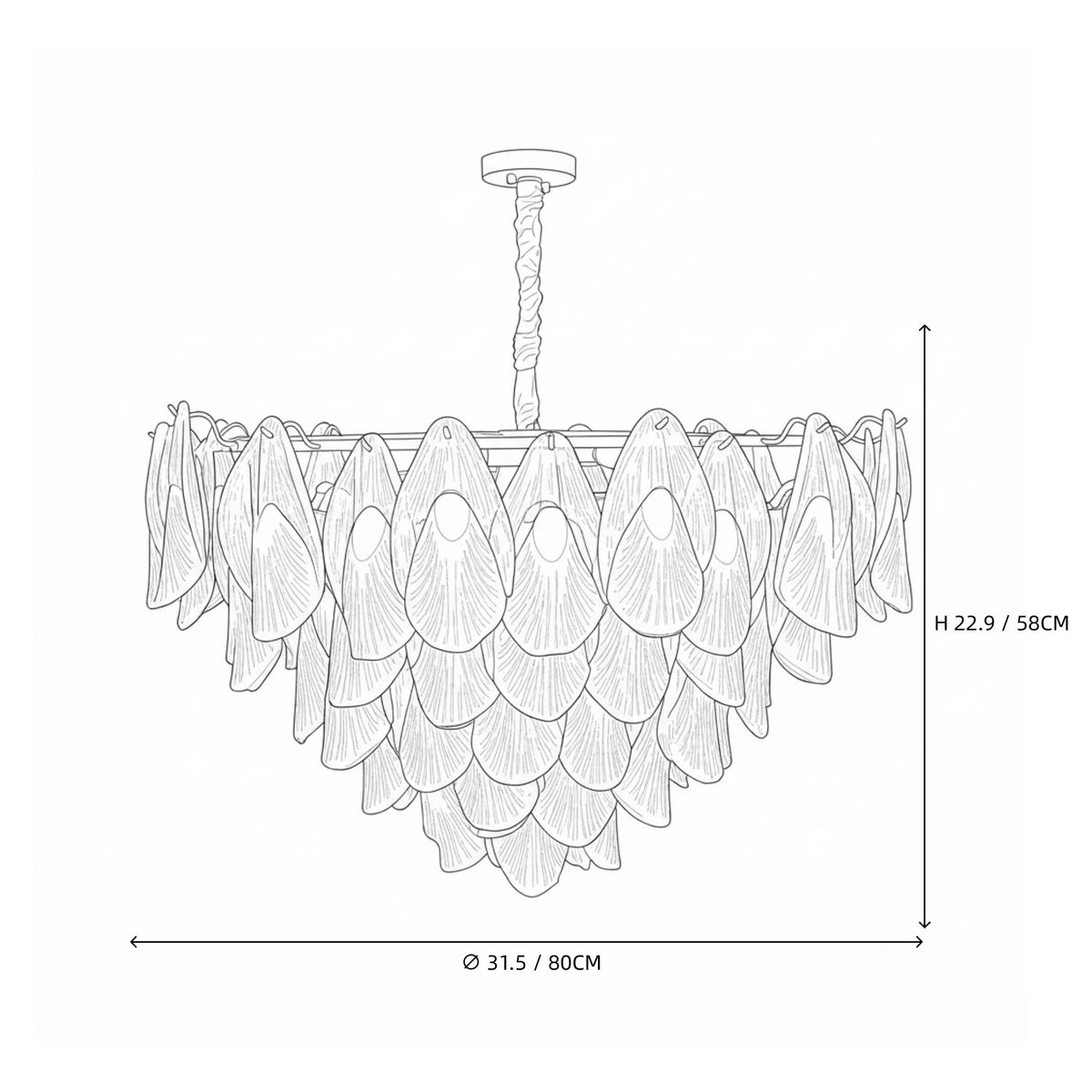 Modern Multi-Tier Gradient Petal Chandelier Line Art Dimension Diagram