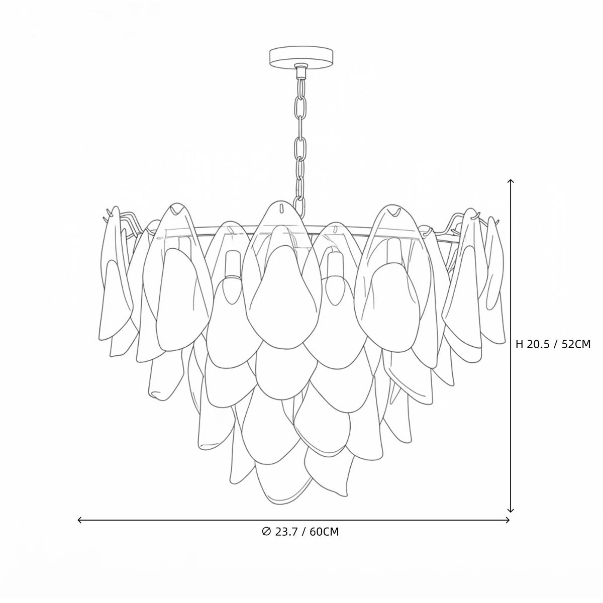 Modern Large Gradient Petal Art Glass Chandelier Line Art Dimension Diagram