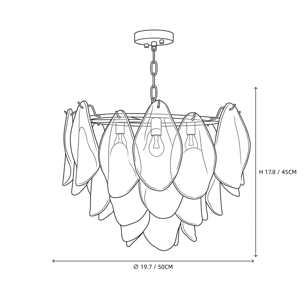 Modern Gradient Petal Art Glass Chandelier Line Art Dimension Diagram