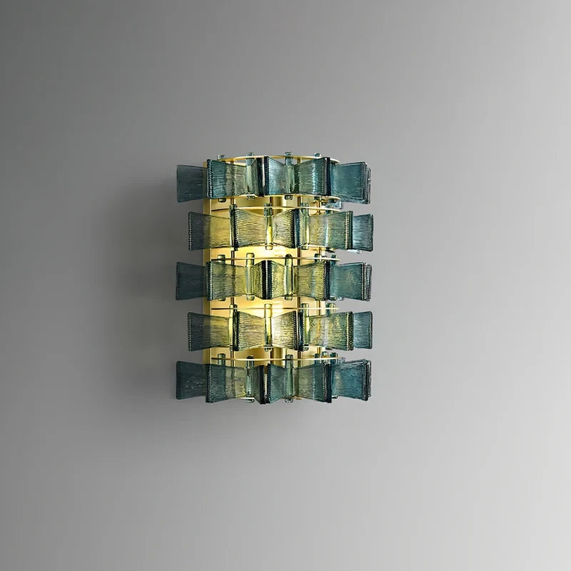 Illuminated Modern Teal Striped Art Glass Double-Tier Wall Sconce Studio Shot