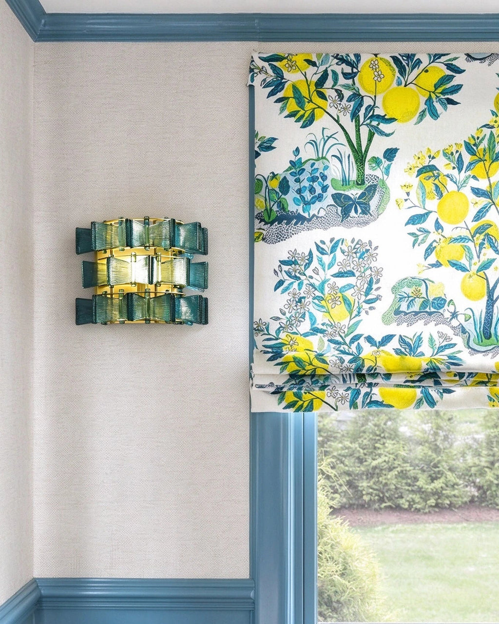 Modern Teal Striped Art Glass Wall Sconce in Stylish Sitting Area
