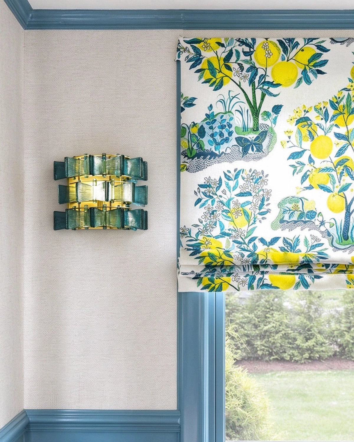 Modern Teal Striped Art Glass Wall Sconce in Stylish Sitting Area