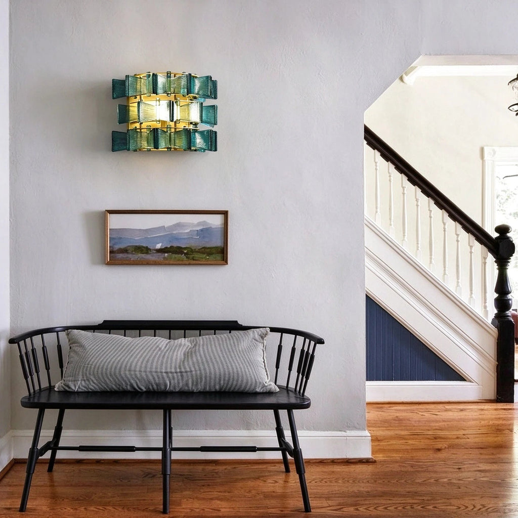 Modern Brass Teal Art Glass Wall Sconce in Hallway Corridor Setting