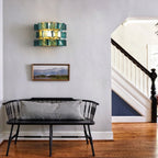 Modern Brass Teal Art Glass Wall Sconce in Hallway Corridor Setting