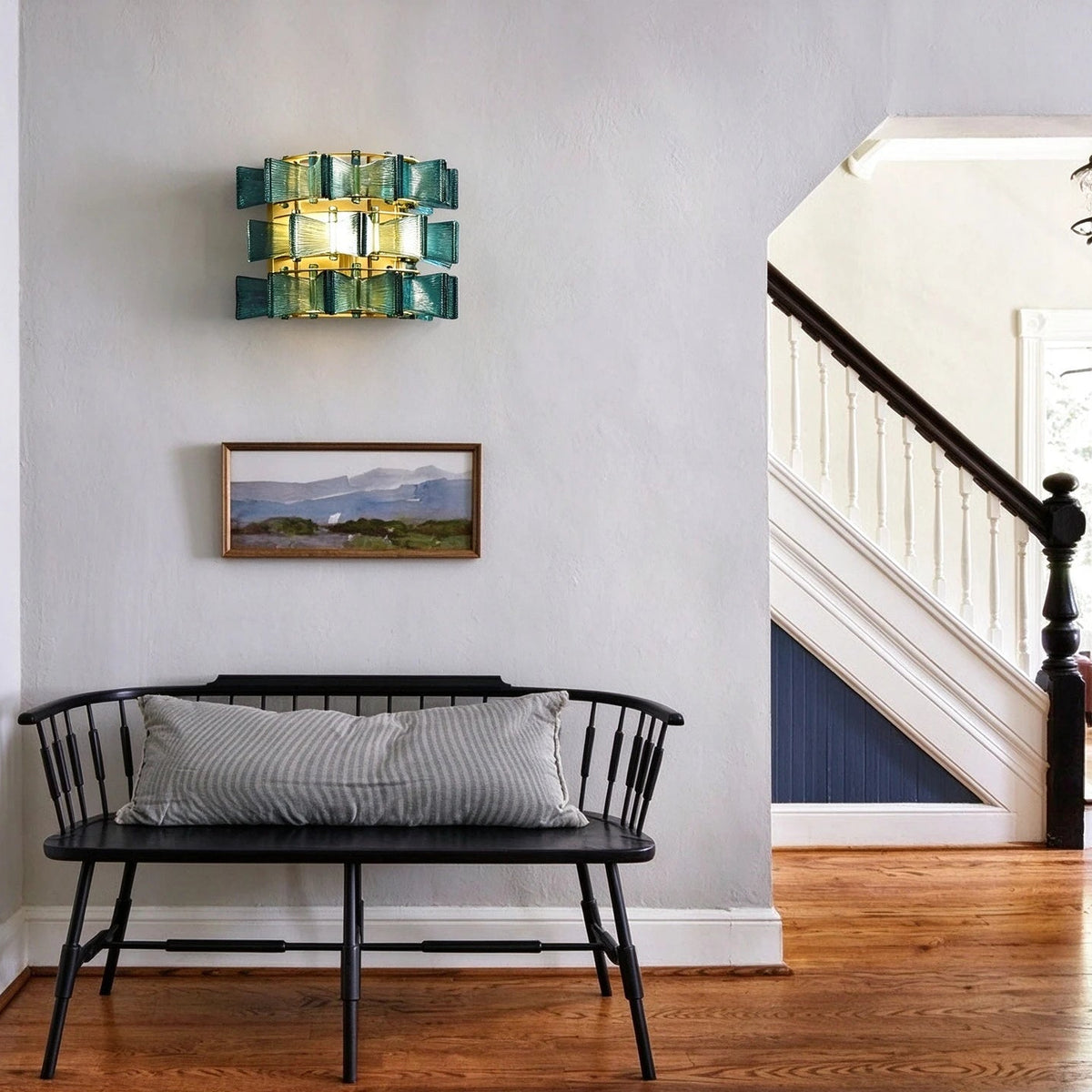 Modern Brass Teal Art Glass Wall Sconce in Hallway Corridor Setting