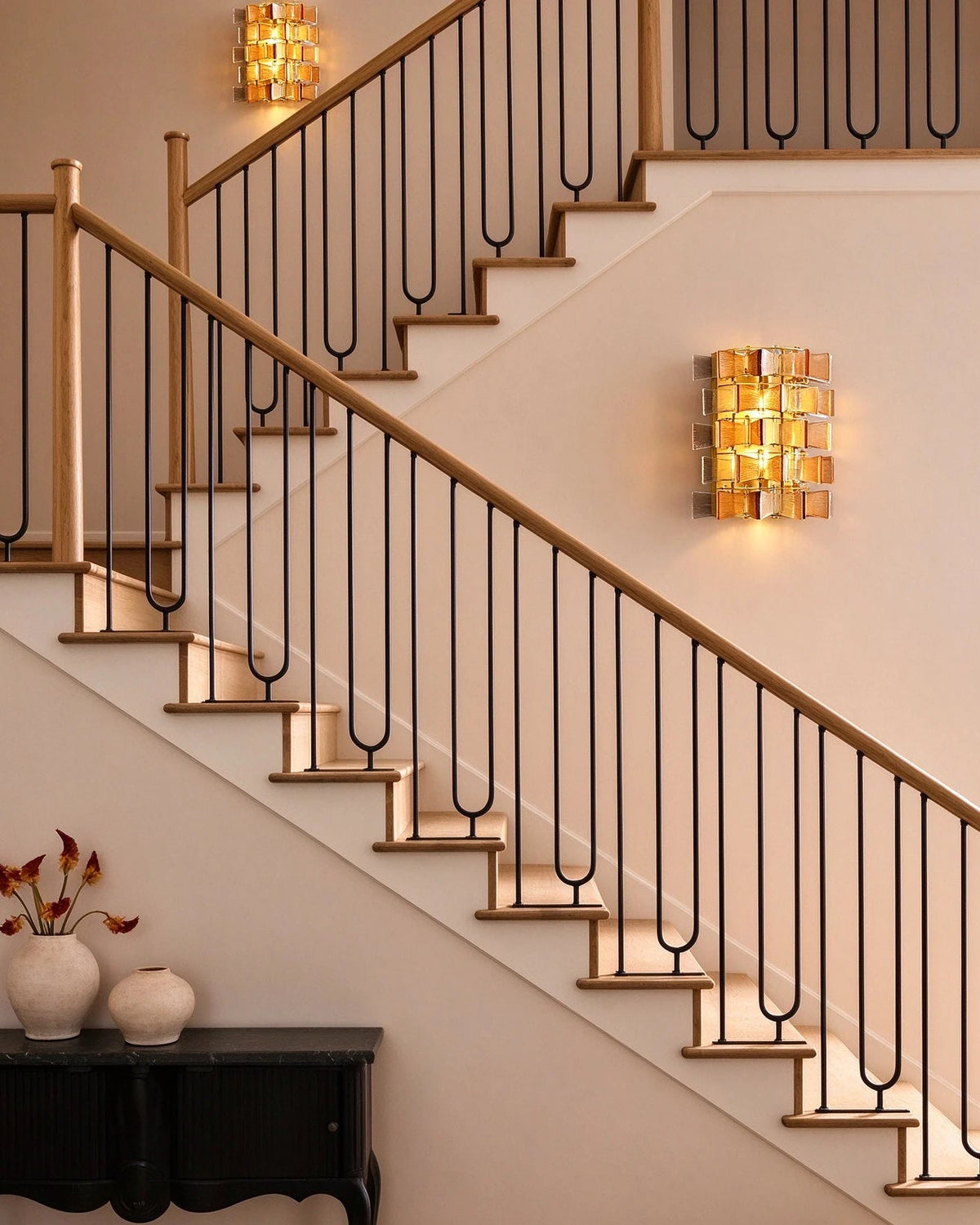 Modern Teal Striped Art Glass Wall Sconce in Grand Staircase Foyer