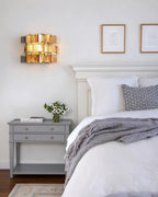 Modern Brass Teal Art Glass Wall Sconce in Master Bedroom Setting