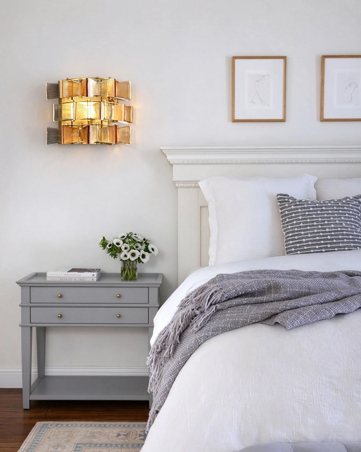 Modern Brass Teal Art Glass Wall Sconce in Master Bedroom Setting