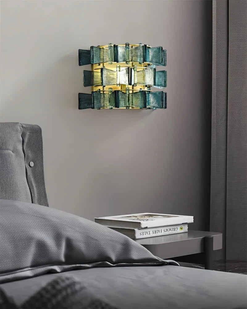 Modern Teal Striped Art Glass Wall Sconce in Cozy Bedroom Interior