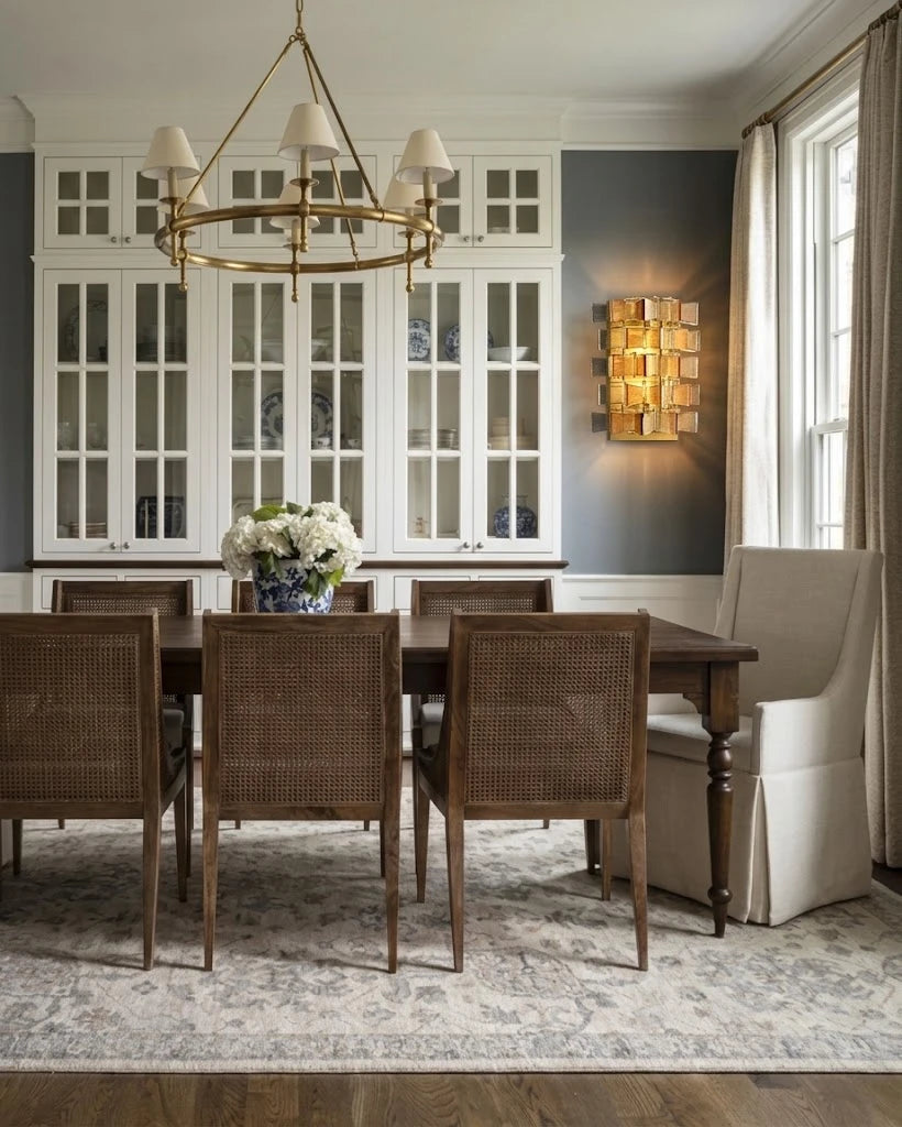 Modern Brass Teal Art Glass Wall Sconce in Dining Room Setting