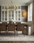 Modern Brass Teal Art Glass Wall Sconce in Dining Room Setting