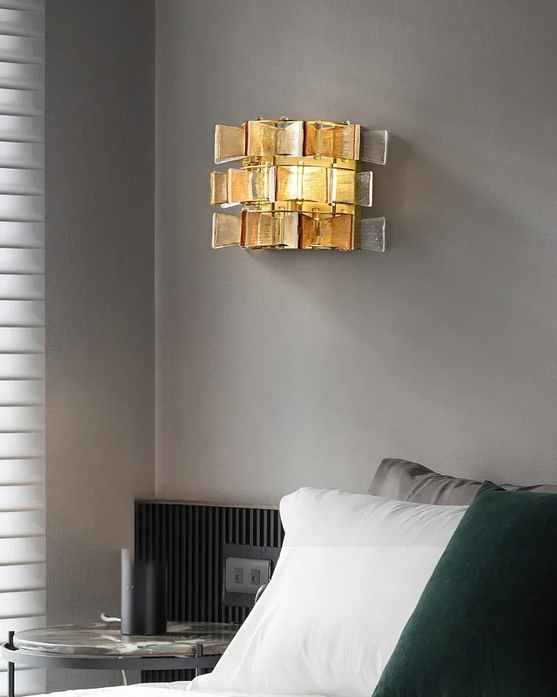 Modern Teal Striped Art Glass Wall Sconce in Contemporary Living Room