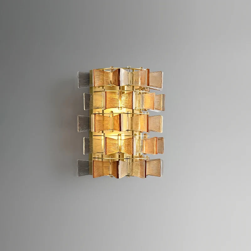 Illuminated Modern Amber Striped Art Glass Double-Tier Wall Sconce Studio Display