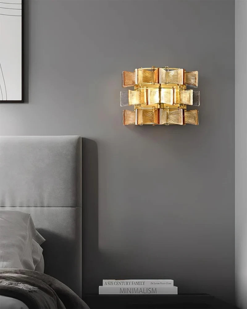 Modern Brass Teal Art Glass Wall Sconce in Elegant Bedroom