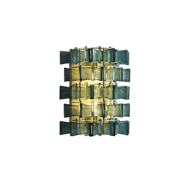 Modern Brass and Teal Striped Art Glass Wall Sconce with Gold Canopy on Pure White Background