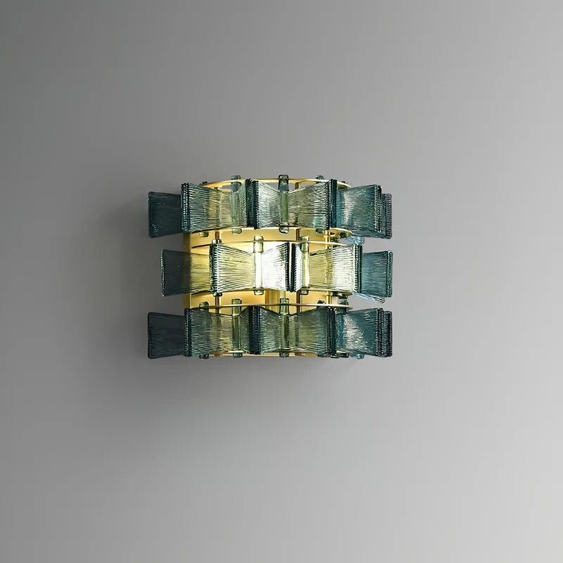 Illuminated Modern Teal Striped Art Glass Wall Sconce Studio Shot