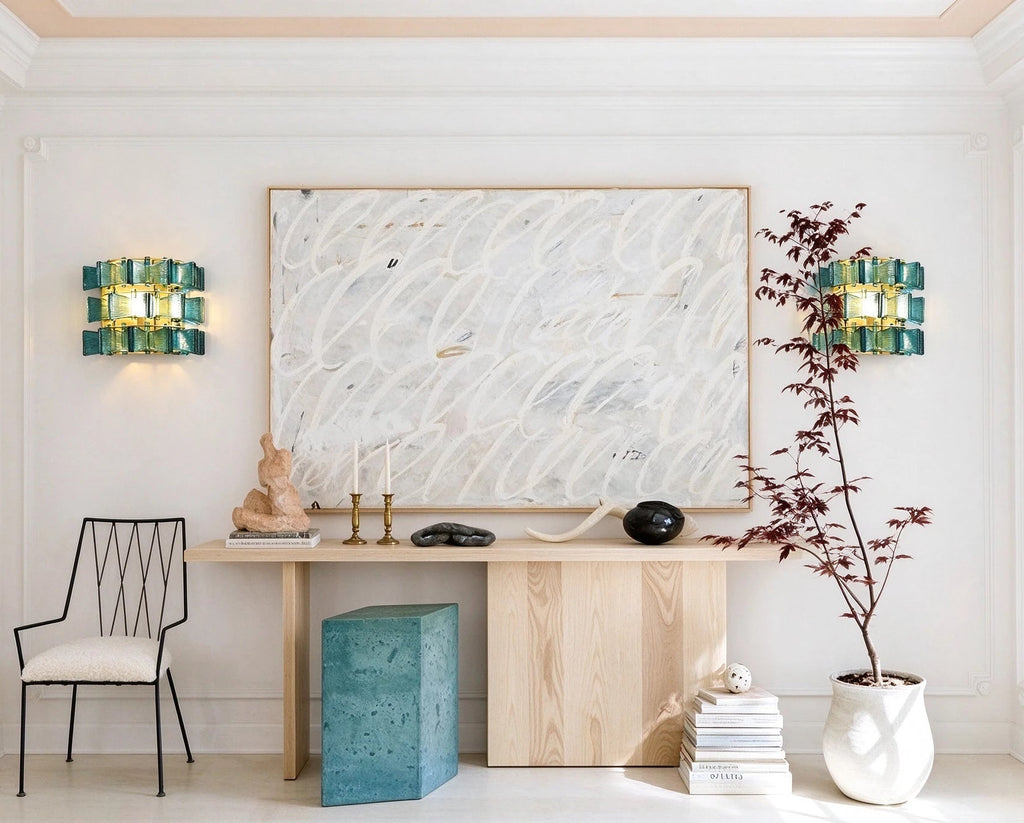 Modern Brass Teal Art Glass Wall Sconce in Grand Foyer Setting