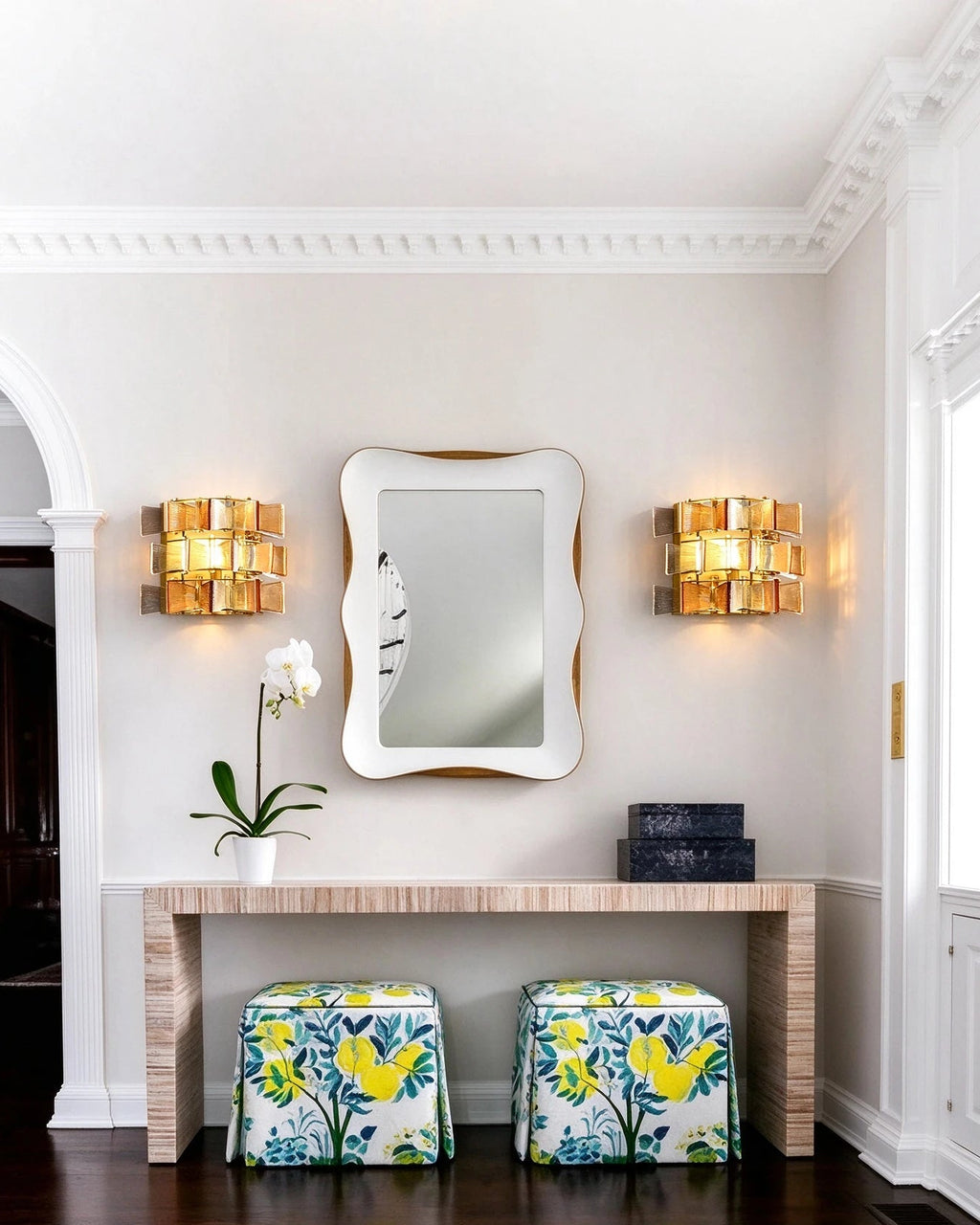 Modern Brass Teal Art Glass Wall Sconce in Entrance Hallway