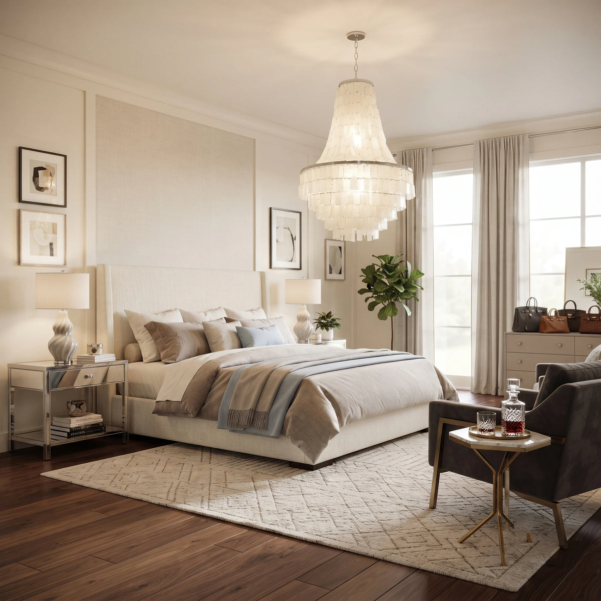 Coastal Style Capiz Shell Chandelier above Bedroom Bed
