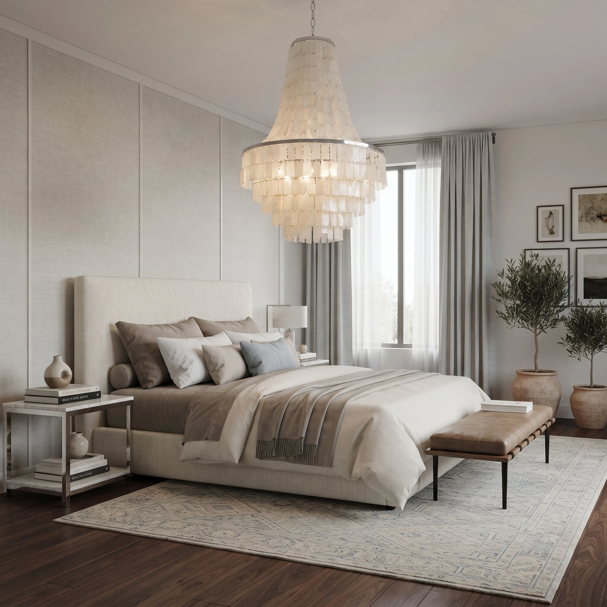 Mother of Pearl Chandelier in Contemporary Master Bedroom