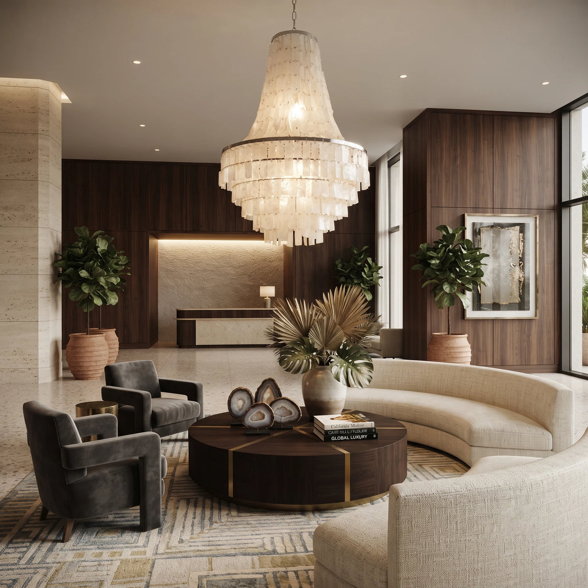 Statement Shell Chandelier Lighting Open Concept Living Space