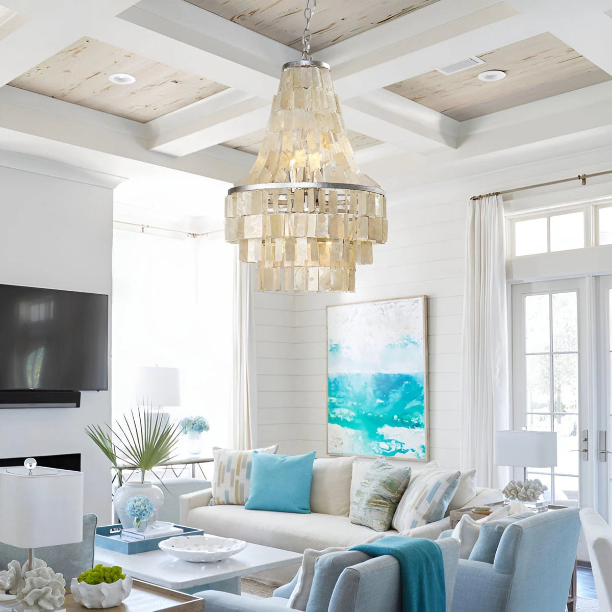 Capiz Shell Chandelier in Bright Beach House Living Room