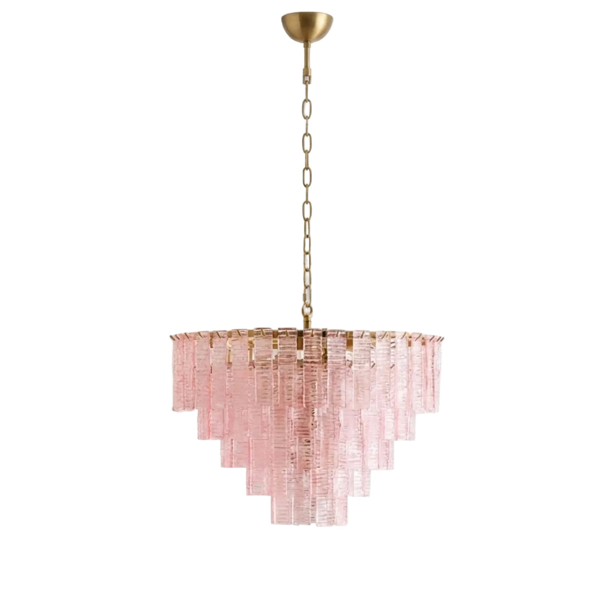 Modern Pink Multi-Tier Crystal Glass Chandelier with Brass Canopy on Pure White Background