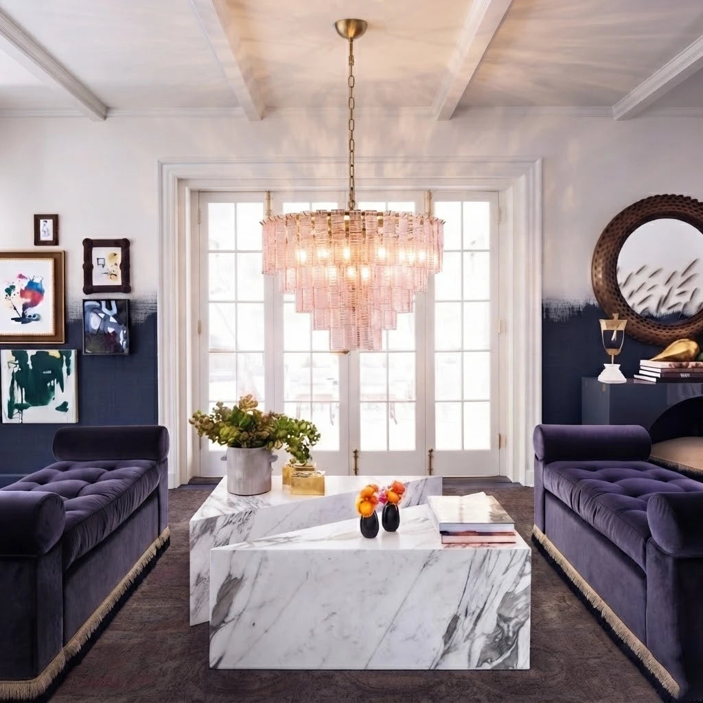 Modern Pink Multi-Tier Crystal Chandelier in High Ceiling Living Room