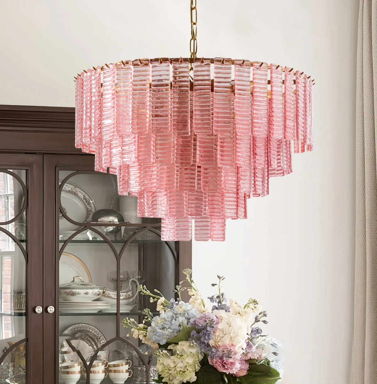 Modern Pink Crystal Glass Chandelier in Cozy Interior Setting