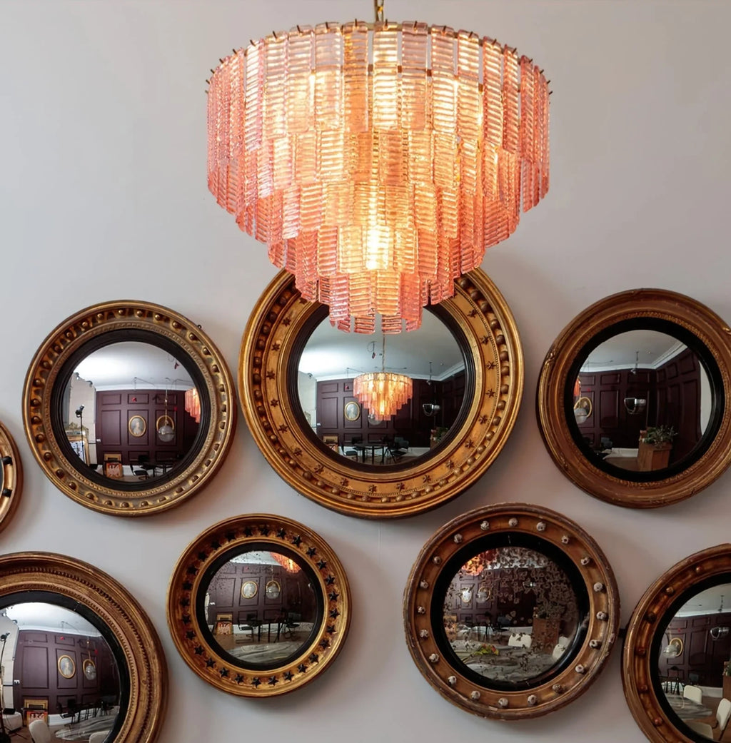 Modern Pink Multi-Tier Crystal Chandelier with Round Mirrors Background