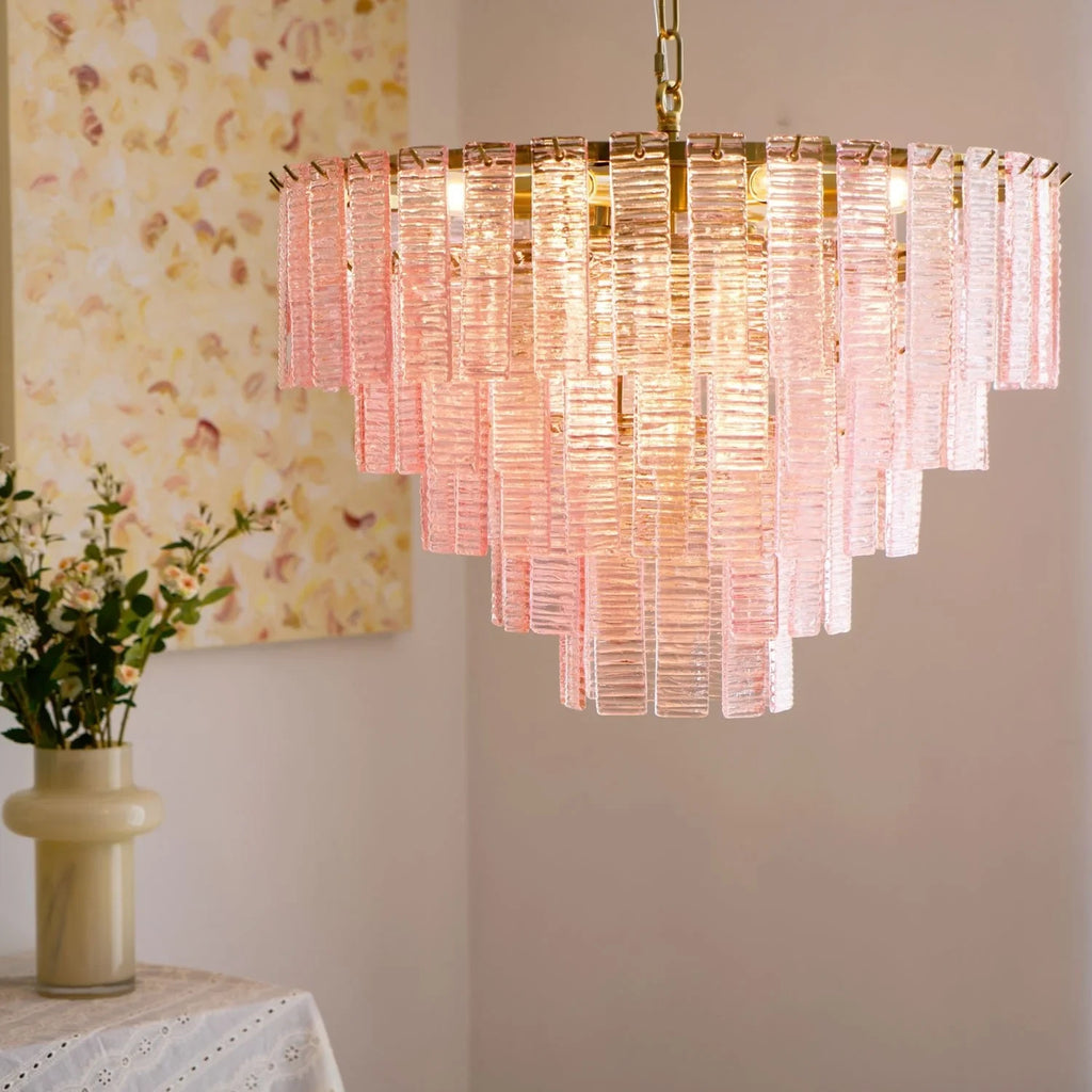 Modern Pink Multi-Tier Crystal Chandelier in Stylish Room