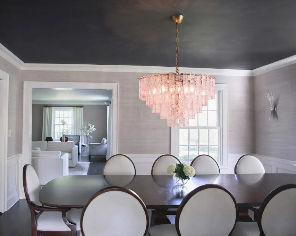 Modern Pink Multi-Tier Crystal Chandelier in Formal Dining Room